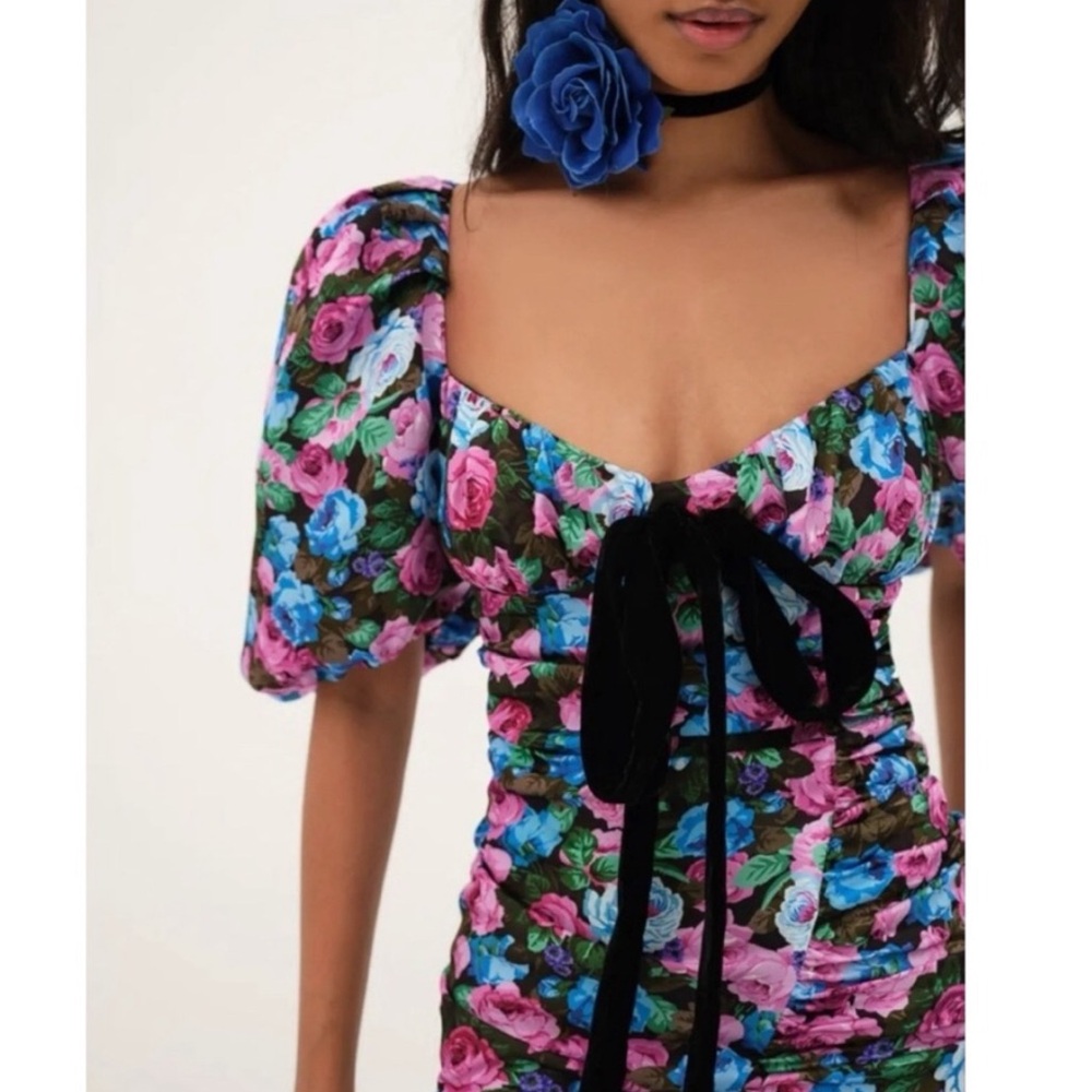 For Love & Lemons Floral Dress bow tie blue pink puff sleeve - Picture 2 of 6